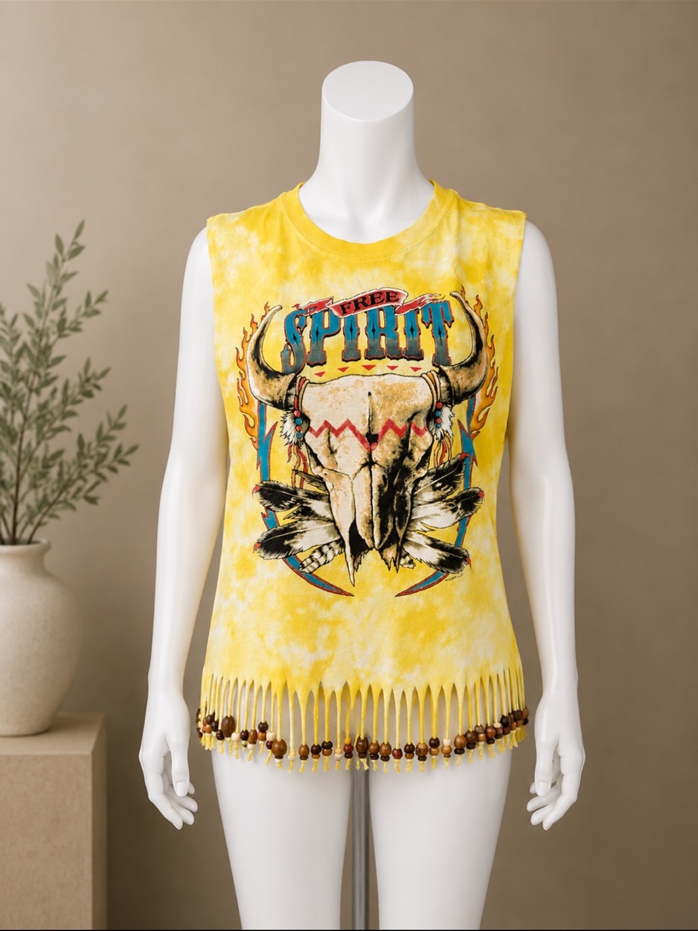 Handmade - Anvil Yellow Tie-Dye Fringe Tank with beads and Skull Motif